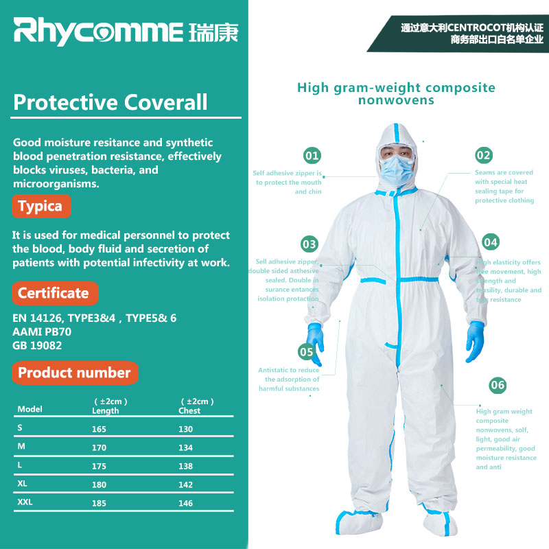 Rhycomme Disposable Coveralls Medical Overall Protective Suit With Tape