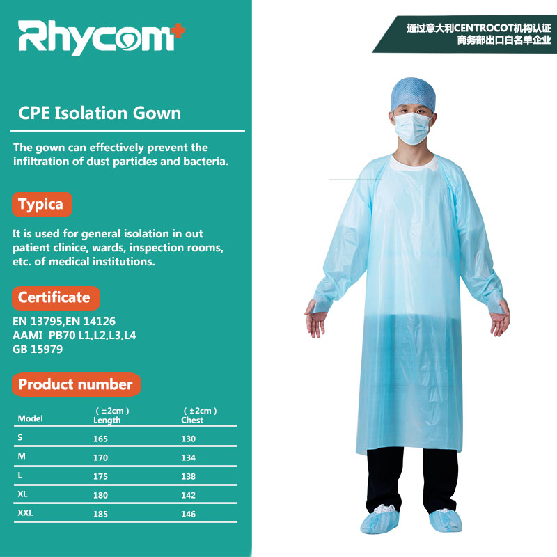 Rhycomme Open Back CPE Coated Disposable Isolation Gowns Level 2 with Thumb Loops