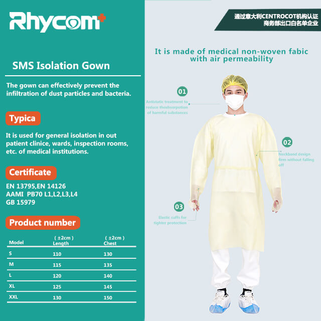 Rhycomme SMS Isolation Gowns AAMI Level 2 Yellow Disposable
