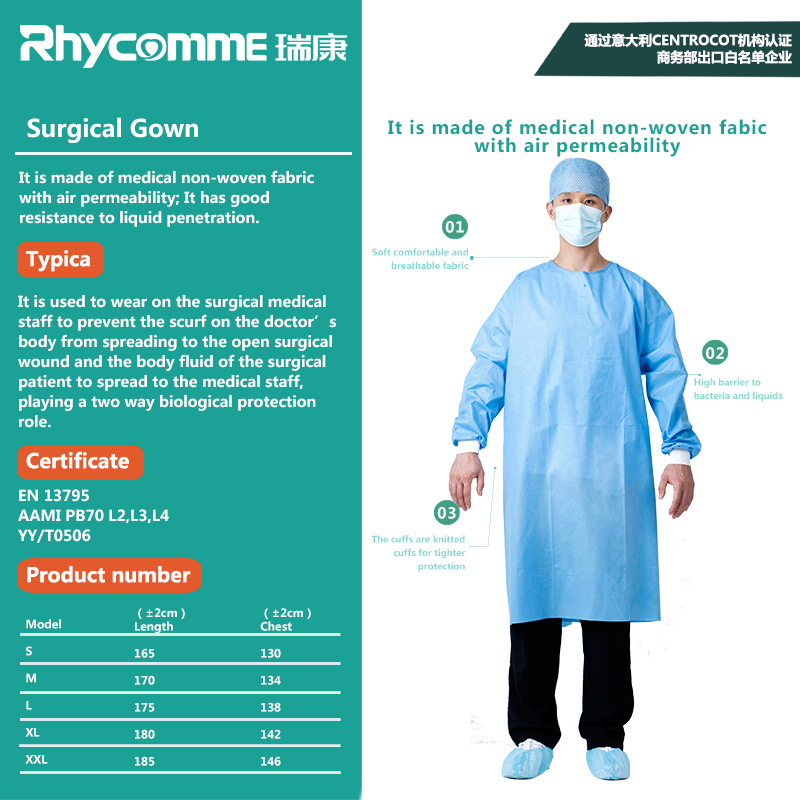 Rhycomme AAMI PB70 25G 35G Waterproof LEVEL 2 Surgical Gown Sterile
