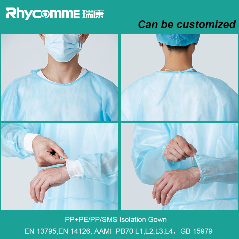 Rhycomme Waterproof Blue Disposable PP PE Level 2 Medical Isolation Gown