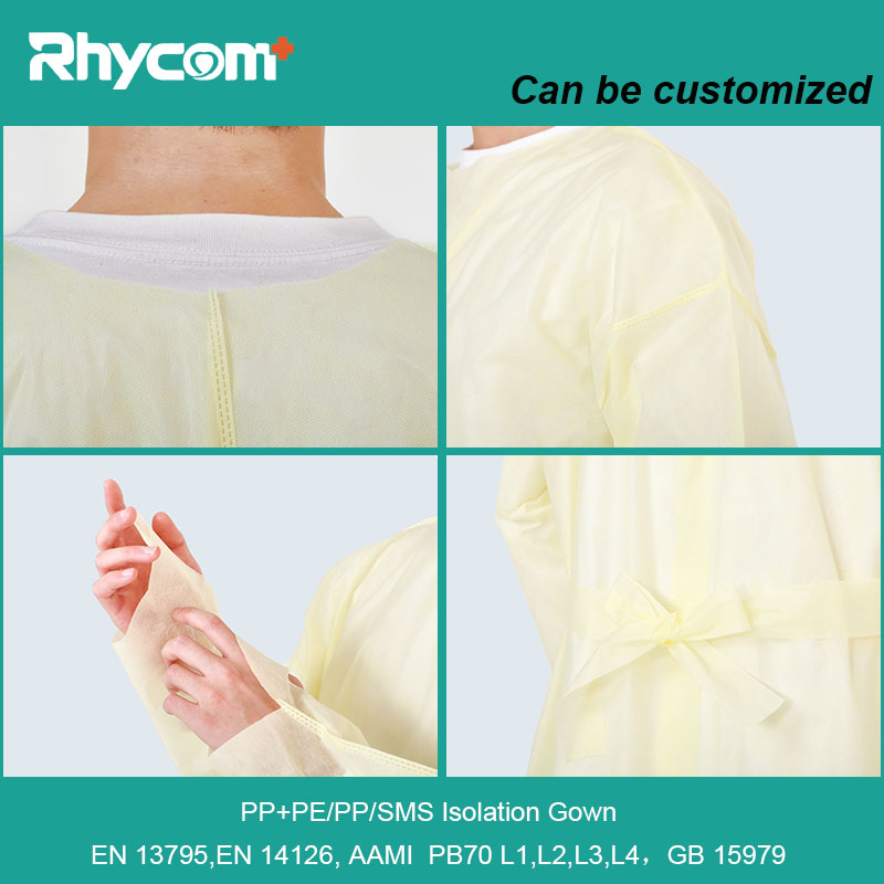 Rhycomme AAMI PB70 Level 2 SMS Disposable Medical Yellow Isolation Gown 