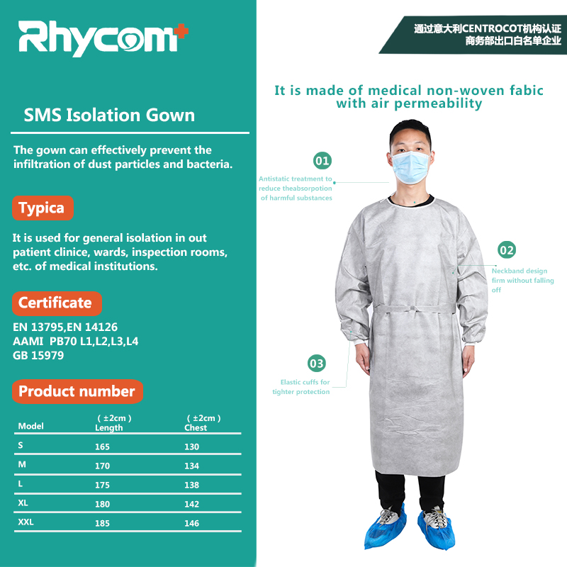 Rhycomme antimicrobial agraphene disposable medical ami level 2 isolation gown